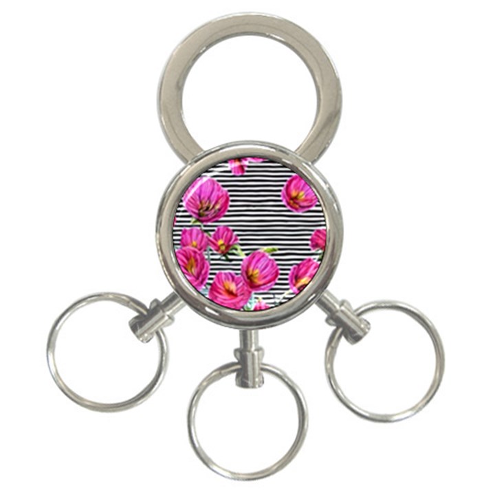 Pink Flowers Black Stripes 3-Ring Key Chain