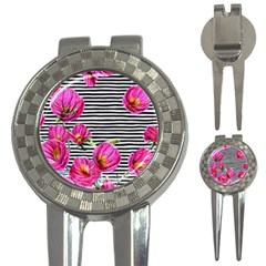 Pink Flowers Black Stripes 3-in-1 Golf Divots by GardenOfOphir