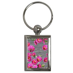 Pink Flowers Black Stripes Key Chain (rectangle) by GardenOfOphir