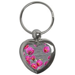 Pink Flowers Black Stripes Key Chain (heart) by GardenOfOphir