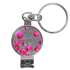 Pink Flowers Black Stripes Nail Clippers Key Chain by GardenOfOphir