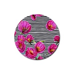 Pink Flowers Black Stripes Rubber Coaster (round) by GardenOfOphir