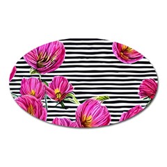 Pink Flowers Black Stripes Oval Magnet by GardenOfOphir