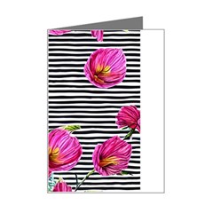 Pink Flowers Black Stripes Mini Greeting Card by GardenOfOphir