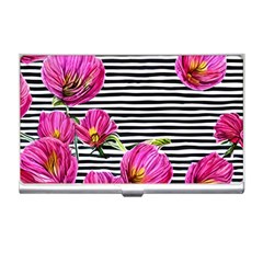 Pink Flowers Black Stripes Business Card Holder by GardenOfOphir