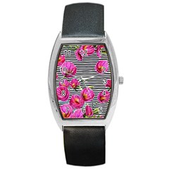 Pink Flowers Black Stripes Barrel Style Metal Watch by GardenOfOphir