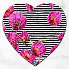 Pink Flowers Black Stripes Jigsaw Puzzle (heart) by GardenOfOphir