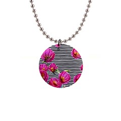 Pink Flowers Black Stripes 1  Button Necklace by GardenOfOphir