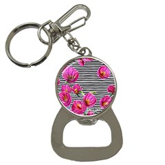 Pink Flowers Black Stripes Bottle Opener Key Chain by GardenOfOphir