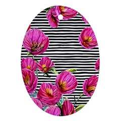 Pink Flowers Black Stripes Oval Ornament (two Sides) by GardenOfOphir