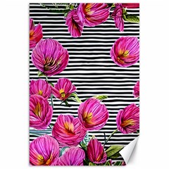 Pink Flowers Black Stripes Canvas 20  X 30  by GardenOfOphir