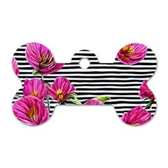 Pink Flowers Black Stripes Dog Tag Bone (one Side) by GardenOfOphir