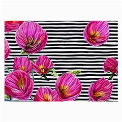 Pink Flowers Black Stripes Large Glasses Cloth (2 Sides) by GardenOfOphir