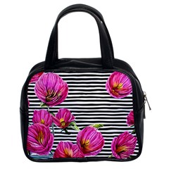 Pink Flowers Black Stripes Classic Handbag (two Sides) by GardenOfOphir