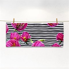 Pink Flowers Black Stripes Hand Towel by GardenOfOphir