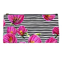 Pink Flowers Black Stripes Pencil Case by GardenOfOphir