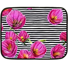 Pink Flowers Black Stripes Fleece Blanket (mini) by GardenOfOphir