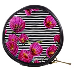 Pink Flowers Black Stripes Mini Makeup Bag by GardenOfOphir