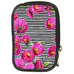 Pink Flowers Black Stripes Compact Camera Leather Case by GardenOfOphir