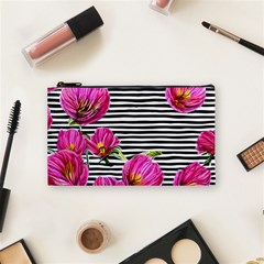 Pink Flowers Black Stripes Cosmetic Bag (small) by GardenOfOphir