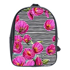 Pink Flowers Black Stripes School Bag (large) by GardenOfOphir