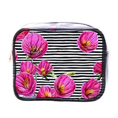 Pink Flowers Black Stripes Mini Toiletries Bag (one Side) by GardenOfOphir