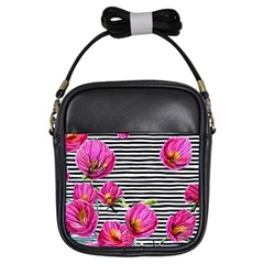 Pink Flowers Black Stripes Girls Sling Bag by GardenOfOphir