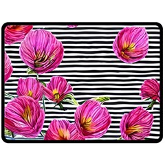 Pink Flowers Black Stripes One Side Fleece Blanket (large) by GardenOfOphir