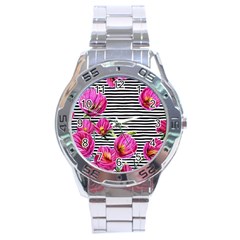 Pink Flowers Black Stripes Stainless Steel Analogue Watch by GardenOfOphir