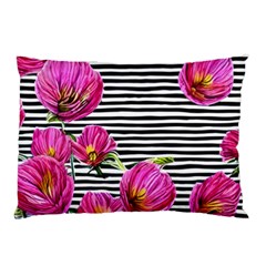 Pink Flowers Black Stripes Pillow Case (two Sides) by GardenOfOphir