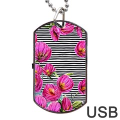 Pink Flowers Black Stripes Dog Tag Usb Flash (one Side) by GardenOfOphir