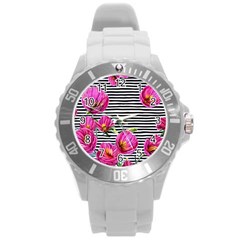 Pink Flowers Black Stripes Round Plastic Sport Watch (l) by GardenOfOphir