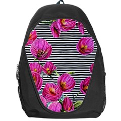 Pink Flowers Black Stripes Backpack Bag by GardenOfOphir