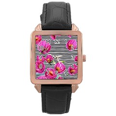 Pink Flowers Black Stripes Rose Gold Leather Watch  by GardenOfOphir