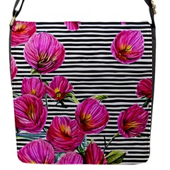 Pink Flowers Black Stripes Flap Closure Messenger Bag (s) by GardenOfOphir