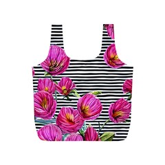 Pink Flowers Black Stripes Full Print Recycle Bag (s) by GardenOfOphir