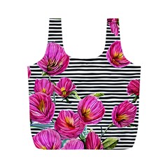 Pink Flowers Black Stripes Full Print Recycle Bag (m) by GardenOfOphir