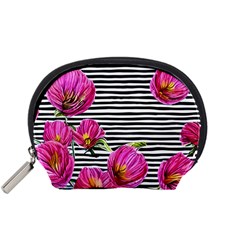 Pink Flowers Black Stripes Accessory Pouch (small) by GardenOfOphir