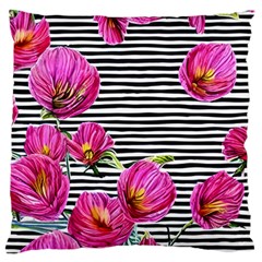 Pink Flowers Black Stripes Standard Premium Plush Fleece Cushion Case (one Side) by GardenOfOphir