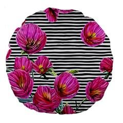 Pink Flowers Black Stripes Large 18  Premium Flano Round Cushions by GardenOfOphir