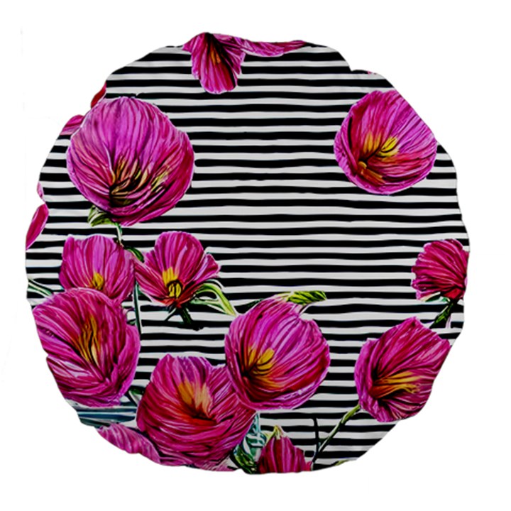 Pink Flowers Black Stripes Large 18  Premium Flano Round Cushions