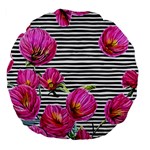 Pink Flowers Black Stripes Large 18  Premium Flano Round Cushions Back