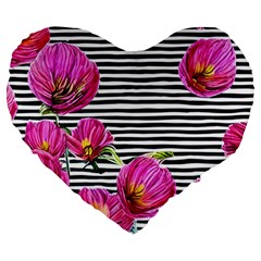 Pink Flowers Black Stripes Large 19  Premium Flano Heart Shape Cushions by GardenOfOphir