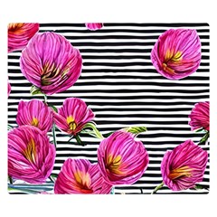 Pink Flowers Black Stripes Premium Plush Fleece Blanket (small) by GardenOfOphir