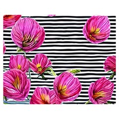 Pink Flowers Black Stripes Premium Plush Fleece Blanket (medium) by GardenOfOphir