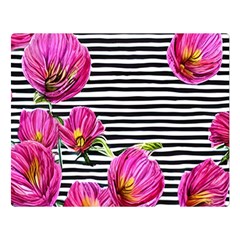 Pink Flowers Black Stripes Premium Plush Fleece Blanket (large) by GardenOfOphir