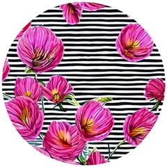 Pink Flowers Black Stripes Wooden Puzzle Round