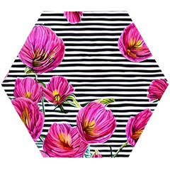 Pink Flowers Black Stripes Wooden Puzzle Hexagon by GardenOfOphir