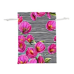 Pink Flowers Black Stripes Lightweight Drawstring Pouch (l) by GardenOfOphir