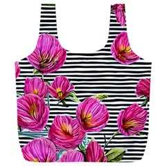 Pink Flowers Black Stripes Full Print Recycle Bag (xxl) by GardenOfOphir